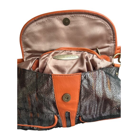 Malini Murjani Exotic Collection Leather Trim Metallic Orange Black Shoulder Bag - Picture 6 of 12